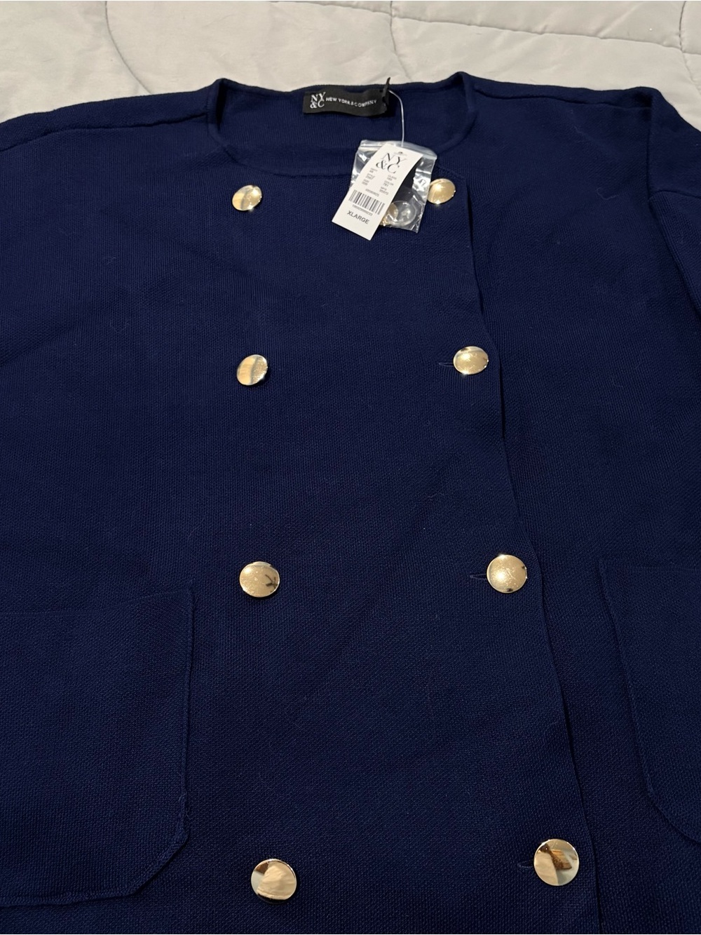 New York & Company Navy Knit Double-Breasted Cardigan with Gold Buttons
